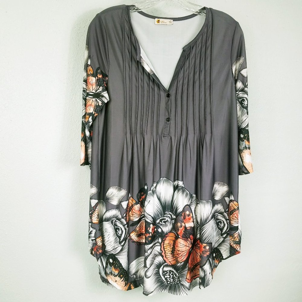 Women's Silver Butterfly Pleated Blouse Shirt Top